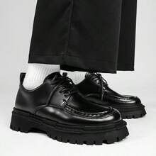 男士新款柔软 PU 皮革厚底时尚乐福鞋、舒适牛津鞋、休闲商务皮鞋 - 黑色 - 查看 6
