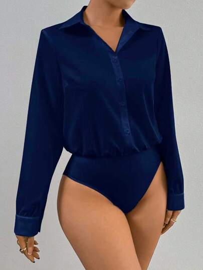 Elegant Women's White Long Sleeve Jumpsuit - Fashionable Lapel Button, Machine Washable, Opaque - Suitable For All Seasons, Women's Solid Color Long Sleeve Bodysuit, New Year