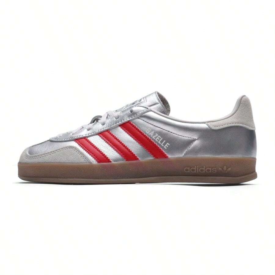 Adidas Giày thể thao nữ cổ điển, kiểu dáng thấp cổ, giày đi làm trong nhà, giày thể thao nhẹ nhàng, JR2403 - Bạc ánh kim/Đỏ nhạt/Xám nhạt - Xem 1