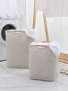 1pc Linen Dirty Clothes Basket, Foldable Handheld Fabric Laundry Hamper For Bedroom Bathroom, Large Capacity Doll Storage Basket - Beige - View 5