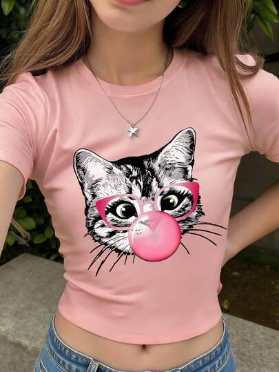 1 pieza Camiseta corta de niña adolescente con estampado de gato lindo en rosa con marco, hecha de tela suave y cómoda, adecuada para salidas escolares casuales de primavera/verano, estilo de niña