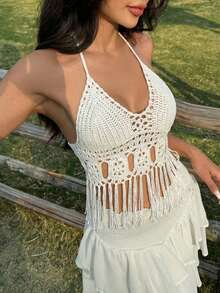 Women's New Fashionable Crochet Camisole Cover Up, Hollow Out Semi-Sheer Backless Beach/Music Festival Sexy Crop Top, Classic White - White - View 3