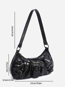 1pc Retro Maillard Distressed Leather Motorcycle Bag With Studs And Buckles, Soft Touch, Folded Detail, Cloud Shape, Shoulder & Crossbody Bag, Suitable For Work, Commute, Date And Party, Retro Inspired Vintage Bag For Women, Halloween Purse Perfect For Fancy Party Halloween Fashion & Gothic Fashion , Vintage Bag - 黑色 - 查看 5