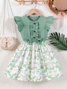 Young Girl Summer Fresh Mint Green Cap Sleeve Dress, Rabbit Print Cinched Waist Bow Design, Cute Sweet Girls A-Line Skirt - Green - View 1