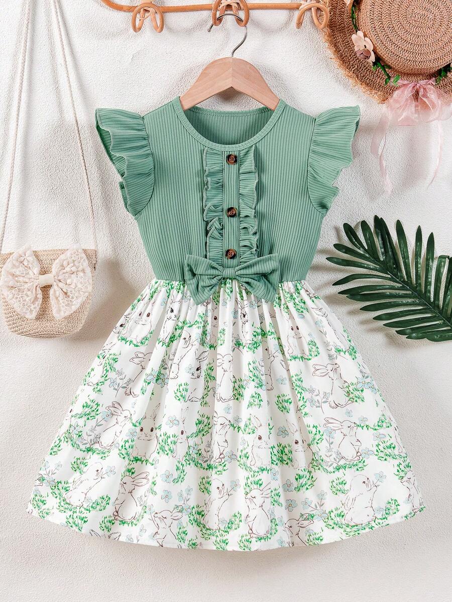 Young Girl Summer Fresh Mint Green Cap Sleeve Dress, Rabbit Print Cinched Waist Bow Design, Cute Sweet Girls A-Line Skirt - Green - View 1