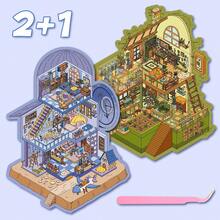 1 Scene Card With 2 Sticker Sheets, 1 Effect Picture - Cartoon Design, 2 Options, Sticker Painting, 3D Miniature House Scene Stickers, DIY Scrapbooking Toy Stickers, Landscape Stickers, Hand-Categorized Small House Scene Stickers, Self-Adhesive - Multicolor - View 4