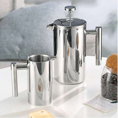 1pc 304 Stainless Steel French Press Coffee Maker, Double-Wall Hand Drip Coffee Pot, Teapot, French Press Coffee Set, Household & Outdoor Coffee Tool, Suitable For Home, Office, Camping, Travel, And Afternoon Tea