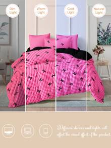 2件/3件套玫瑰红格子蝴蝶结数码印花被套组(1个被套+2个枕套),柔软亲肤聚酯纤维,适用于卧室、主卧、客房,四季皆宜。 - 彩色 - 查看 9