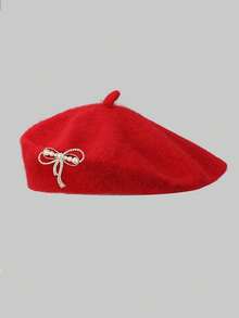 1顶复古蝴蝶结贝雷帽，时尚保暖，百搭女士冬季帽 - 彩色 - 查看 3