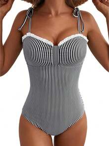 Womens Tummy Control One Piece Swimsuit Tie Shoulder Bathing Suit - White - View 1