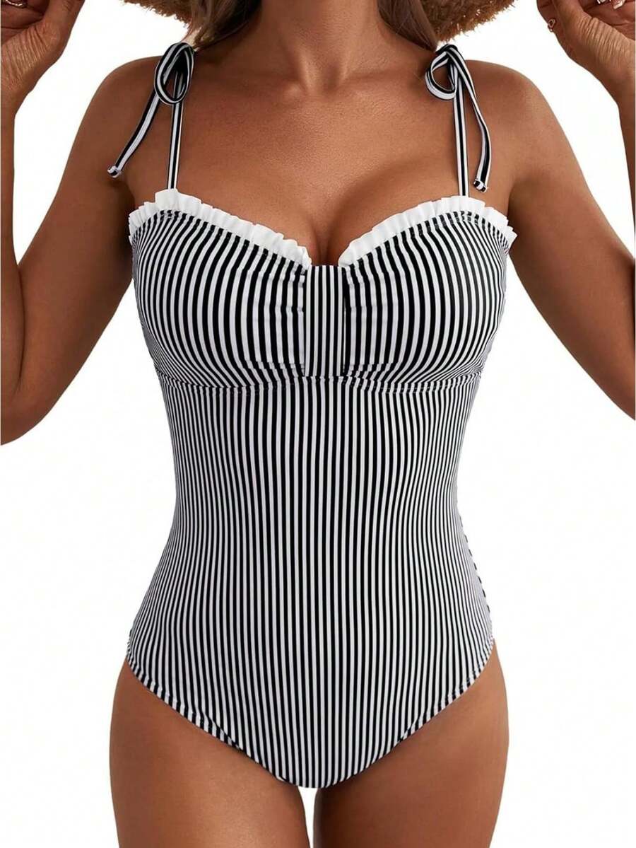 Womens Tummy Control One Piece Swimsuit Tie Shoulder Bathing Suit - White - View 1