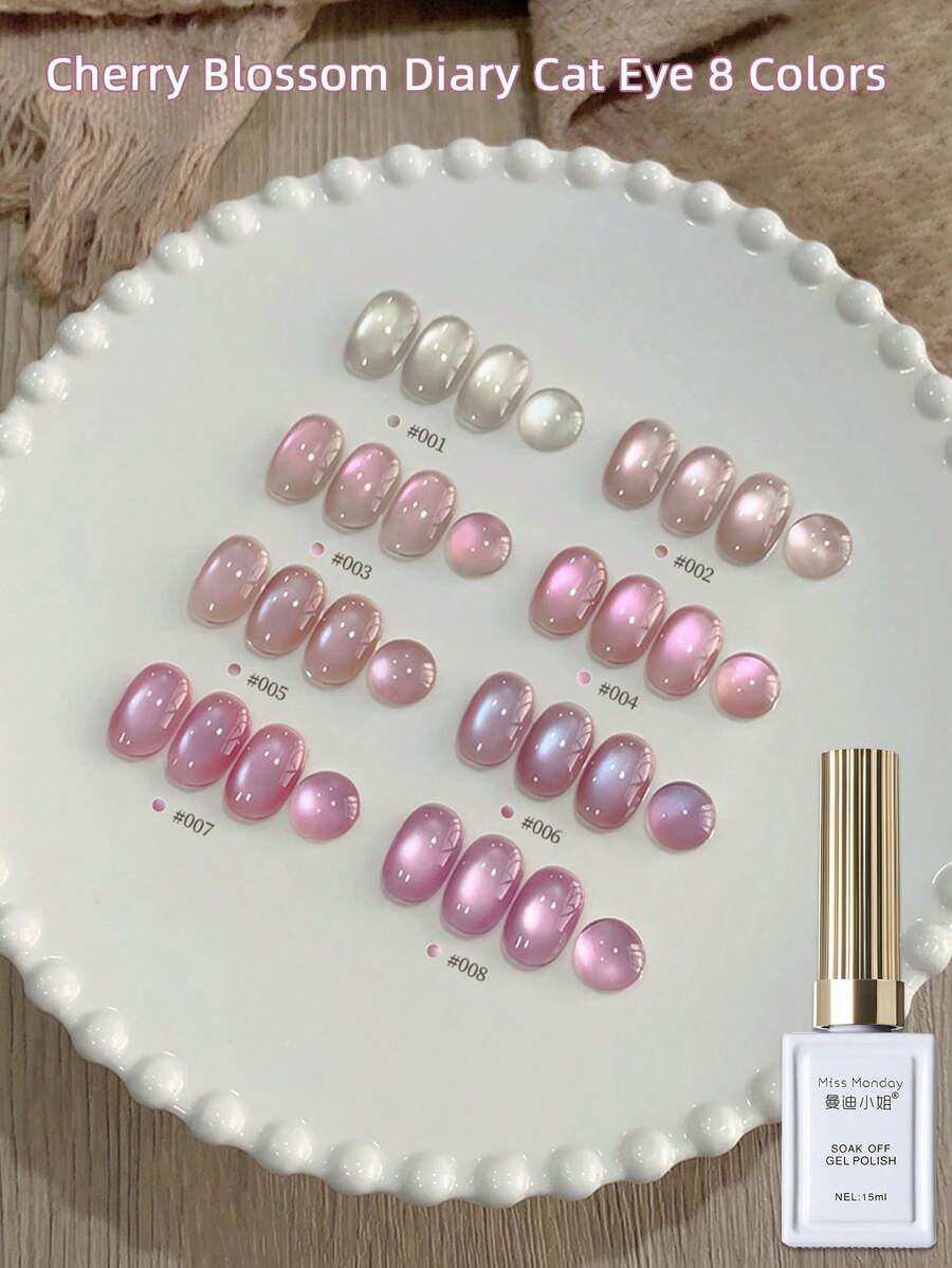 MISSMONDAY 1 Bottle Of 15ml Sakura Pink Cat Eye Gel Nail Polish, Super Bright Removable UV Gel Mirror Glass Cat Eye Magnetic Gel Nail Polish, Semi-Permanent, Suitable For Seasonal Nail Art, DIY Manicures, Salon And Home Use. - Hồng - Xem 1