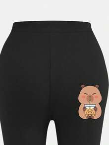 Pakaian Kasual untuk Remaja Perempuan: Kaos Lengan Pendek Bergambar Kartun Capybara dan Celana Panjang Ketat Model Flare - Hitam - View 6