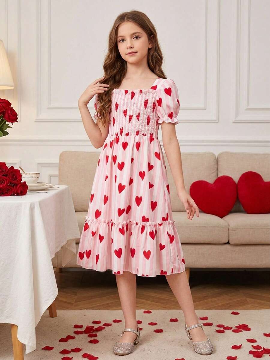 Girls' Sweet Heart Pattern Puff Sleeve & Ruffle Hem Decorated Princess Dress, Summer Beach Holiday Party Outfit