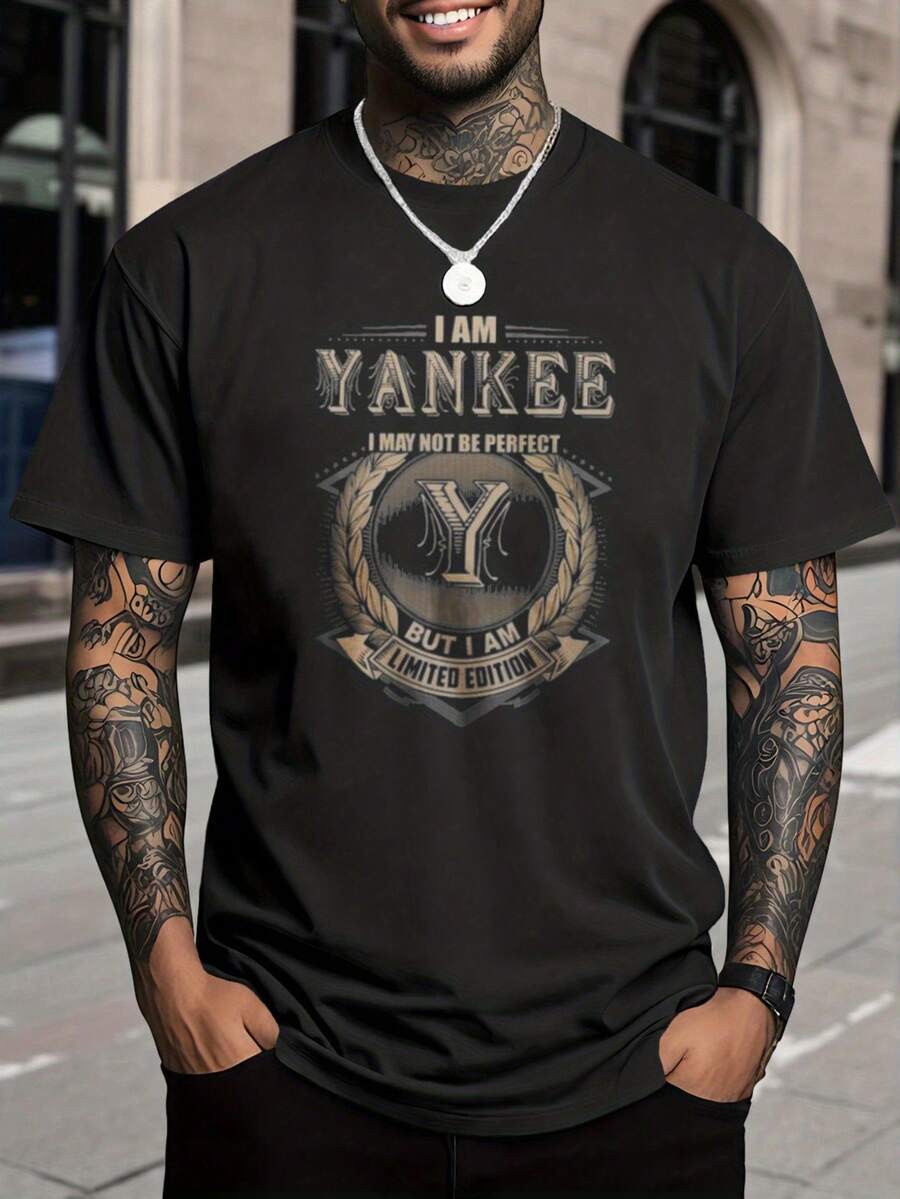 [Sporty T-Shirt]Men'S "I Am Yankee" Limited Edition T-Shirt - 100% Casual Crew Neck Tee With New York State Outline & Yankee Lettering, Statement Graphic Shirt For Daily Wear & Holiday Outfits, Comfortable Regular Fit Cultural Pride ApparelRelaxed Plus Size T-Shirt - màu đen - Xem 1