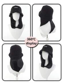 12英寸黑色中长款耐热合成假发，配黑色渔夫帽，女士款 - 彩色 - 查看 6