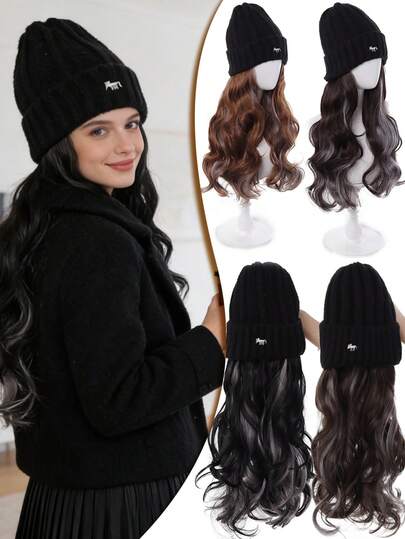 Synthetic Wig Hat Wig One-Piece Long Curly Hair With Large Waves Dyed Silver Gray, Knitted Hat For Winter Warmth, Daily Wear For Women