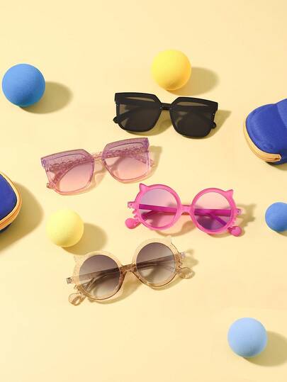 1 Set de 4 Gafas de marco cuadrado con diseño de dibujos animados, dulces y encantadoras, de estilo vintage para niños y niñas de 6 a 12 años, para uso en exteriores, viajes, festivales y fiestas, con estuche incluido