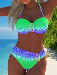 Women's Sexy Gradient Leopard Print Metal Buckle Bust Backless Tie Front Bikini Swimsuit, Summer Beach Holiday - Gradient Blue-green - View 8