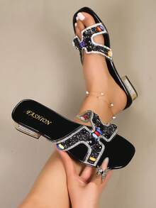 Women's Summer New Fashion Versatile Black Mesh Rhinestone Strap Sandals, Elegant Elegant Comfortable Chunky High Heel - Black - View 1