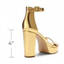 Women Platform Chunky High Heeled Sandals Ankle Strap Open Toe 4-Inch Block Heels Dress Shoes For Wedding Party Evening - Vàng - Xem 5