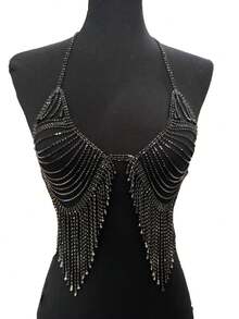 Cuier 1pc Shiny Full Rhinestone Plated Silver Tassel Sexy Women Body Chain Bra - Black - View 2