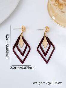 1 Pair Fashionable Enameled Rhombus Pendant Earrings For Women, Vintage Elegant High-End Jewelry Suitable For Daily, Vacation, Date, Banquet, Party Accessories - Burgundy - View 5