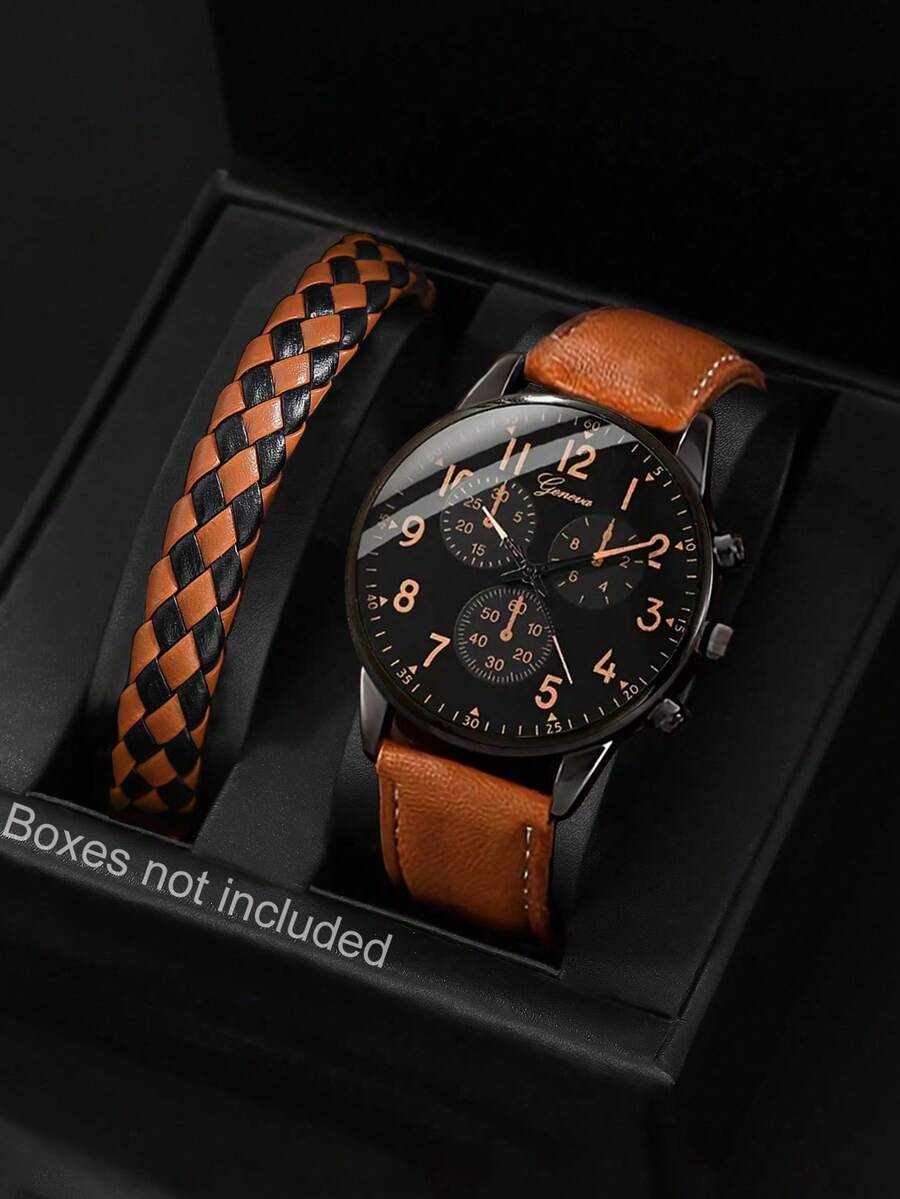 SOKI SOKI 男士電子驅動與指針顯示圓盤面PU錶帶與手鍊套裝休閒時尚商務石英手錶,適合日常配戴、返校季查看時間、生日禮物,也是送給朋友的理想選擇(不含盒裝) - 卡其色 - 查看 1