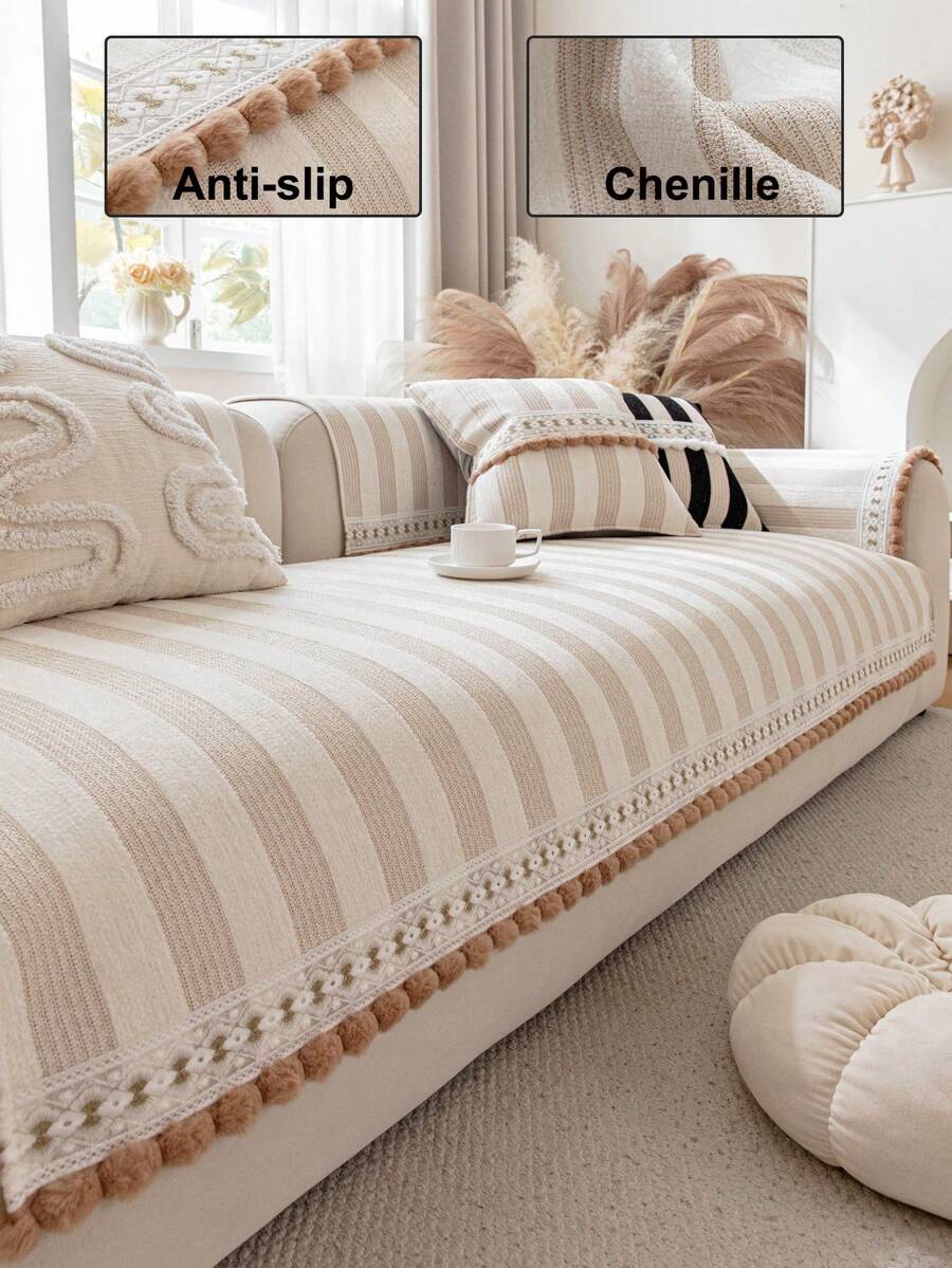 1pc Tasseled Chenille English Style Sofa Cover, Non-Slip Pet-Friendly Dirt-Resistant , Suitable For All Seasons Machine Washable, Holiday Decor Home Furnishing Sofa Arm Back Cover For 1/2/3/4 Seater L-Shaped Sofa, Autumn Decor, Room Decor, Back To School, School Supplies - Beige - View 1