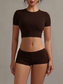 XLLAIS Small Round Neck Short Sleeve Fitted Sport T Shirt Cooling Layer Cute Summer Crop Tops 2025 - Dark Brown - View 5