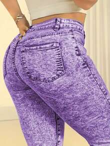 Women's Fashionable High Waist Slim Wash Light Blue Snowflake Craft Stretch Tight Casual Jeans  Plain    Pocket  Zipper  Button - 紫羅蘭色 - 查看 5