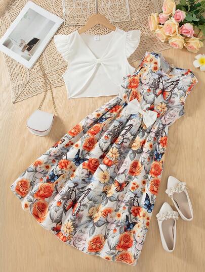 2pcs/Set Girls Casual Sleeveless Solid Color Top And Floral Print Decor Bowknot Back Waterfall Hem Knee-Length Dress, Summer