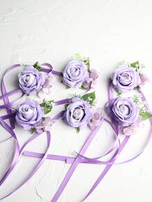 1件/6件装优雅玫瑰花配仿真绿植腕花，浪漫风格，适合新郎、新娘、伴郎、伴娘、婚礼、订婚、派对、宴会等场合。 - 淡紫色 - 查看 7