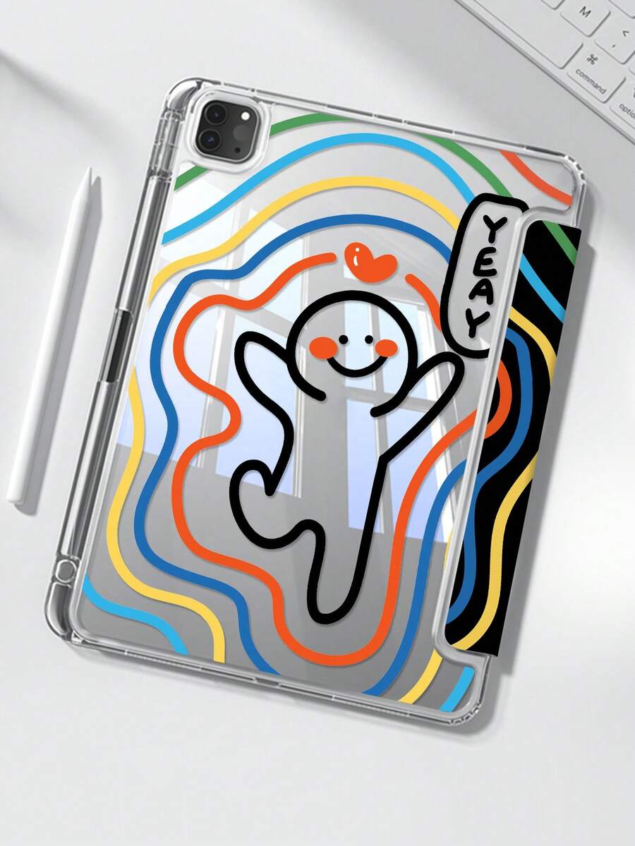 A Cute Cartoon Colorful Striped Minimalist Letter Pattern Double-Sided Acrylic Transparent Crystal Back Cover, Shock-Proof, Suitable For IPad 7th, 8th, 10th Generation (10.2 Inch), Built-In Pencil Slot, Support Sleep/Wake Function, Ideal Christmas And New Year Gift - Multicolor - View 1