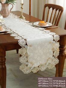 Jacquard Satin Fabric, Bicolor Embroidered Lace Trim Table Runner, Dresser Scarf, Doily, Home Decor Flag, Placemat, Suitable For Kitchen, Dining Room, Study, Coffee Table, Dressing Table, Living Room, Bedroom, Patio, Outdoor Furniture, Picnic, Villa, Party And Wedding Decoration, 1pc Table Runner (Various Sizes)
