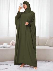 1件套头巾围巾及连帽长袍套装，穆斯林针织长袍，带头巾，女士祈祷吉尔巴布长袍，迪拜沙特阿拉伯土耳其伊斯兰风格端庄头巾