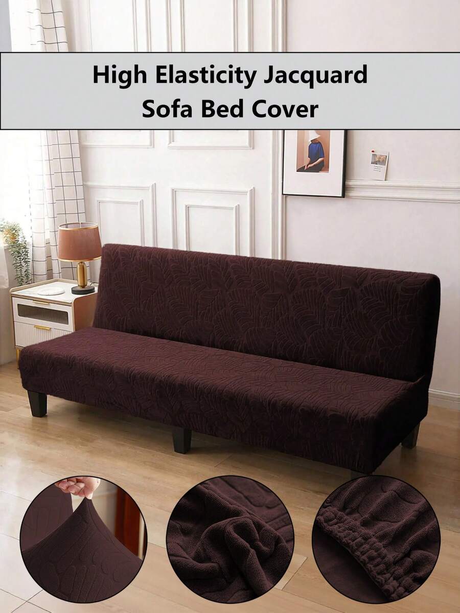 1pc High Elastic Jacquard Sofa/Bed Cover, Leaf Pattern, Minimalist & Elegant, Dust-Proof, Suitable For All Seasons, Outdoor, Living Room, Bedroom, Sofa Bed - Coffee Brown - View 1
