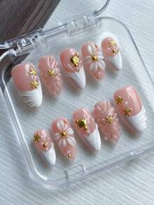 10pcs Pink Almond Shaped Press-On Nails, White French Tip, 3D Shell Embossed Decor, 3D Flower Carving, Golden Starfish, Shell Design Acrylic False Nails, Cute Style, Suitable For Girls And Women For Daily, Vacation, Travel, Wedding And School Occasions, Includes Jelly Gel And Nail File. Nail Supplies - Pink - View 3