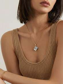 Women's Necklace - 1 Gold Fashionable Simple Stainless Steel Flip-Top Engraved Book Pendant Necklace, My Little Star, Elegant Collarbone Necklace For Daughter Or Mother - Gift - Square - View 2