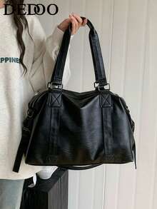 Dedoo 复古皮革斜挎包，大容量单肩包，纯色手提包（请置于通风处1-3天以散去材质气味） - 黑色 - 查看 10