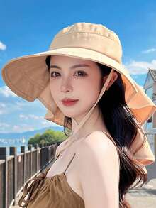 1顶韩式宽檐遮阳帽，配有可拆卸披肩，优雅波西米亚风格设计，轻盈透气的涤纶面料，UPF 50+ 防紫外线，全天舒适佩戴 - 彩色 - 查看 4