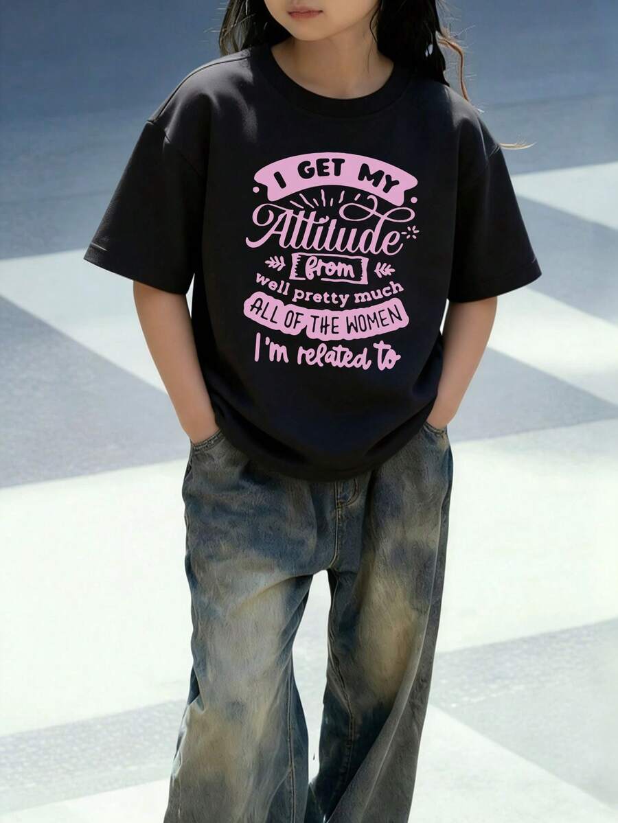 休闲印花圆领短袖T恤，适合女孩和儿童 - 梦幻星空彩色T恤，激发无限想象力！童装，女孩图案T恤，夏季上衣，青少年服装 - 黑色 - 查看 1