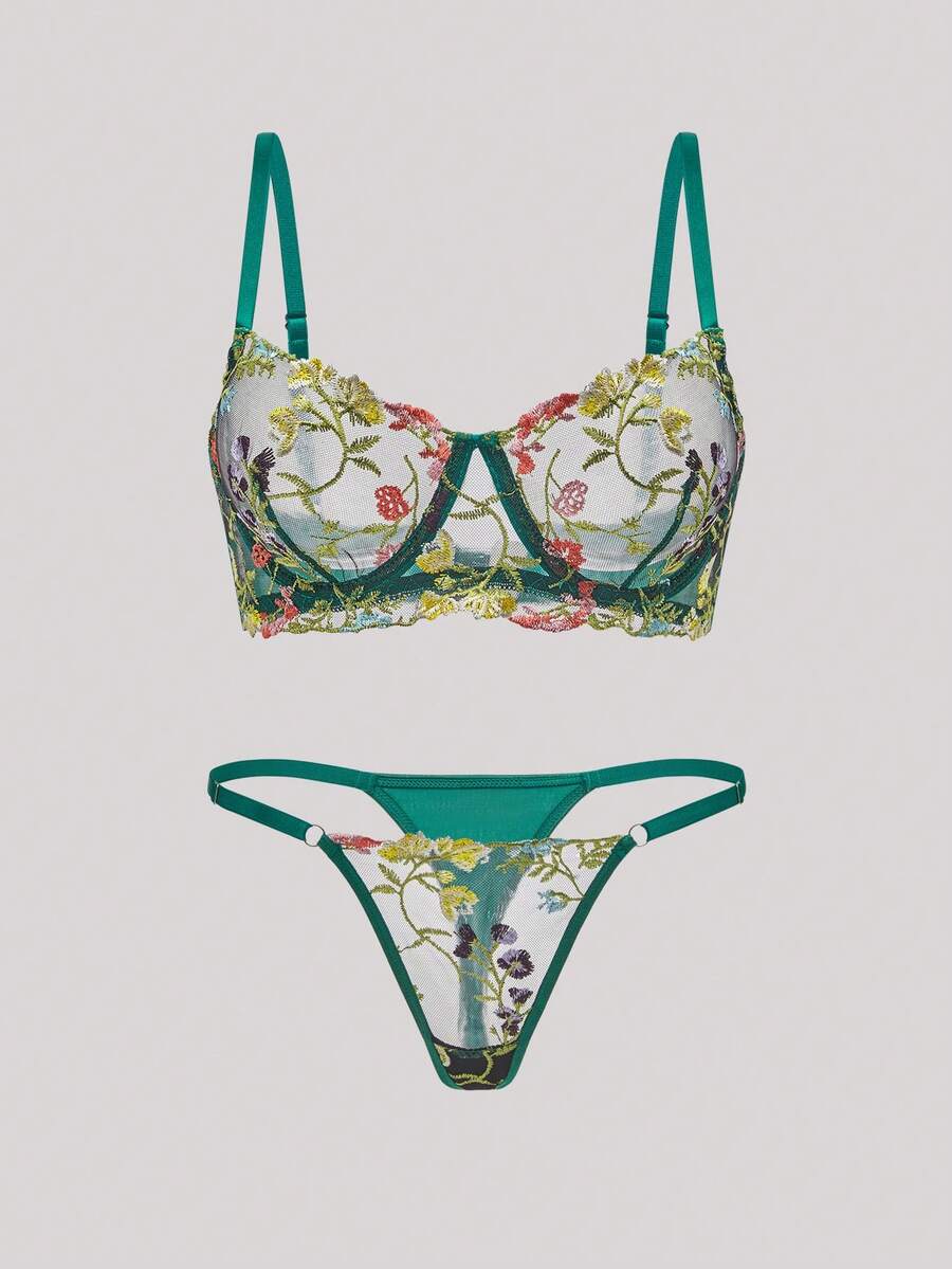 Hourtrue 2 件套女士绿色花卉刺绣网眼性感内衣套装包括性感丁字裤、情人节贴心礼物、蜜月超薄胸罩 - 綠色 - 查看 1