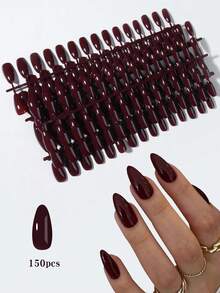 150片亮面杏仁形酒红色美甲贴纸，亚克力材质，完美贴合杏仁形指甲，易于佩戴，适合女性日常工作、派对及其他场合的美甲用品 - 棕色 - 查看 11