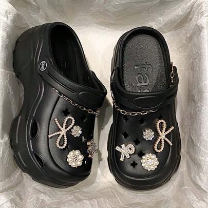 女士新款时尚百搭露跟拖鞋，饰有蝴蝶结和珍珠，舒适休闲拖鞋