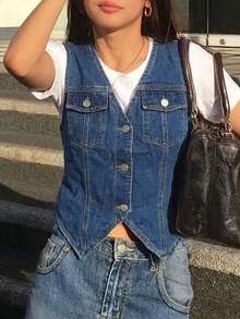 Cropped Denim Vest, Vintage Fitted Cotton Women Jacket - Dark Wash - View 2