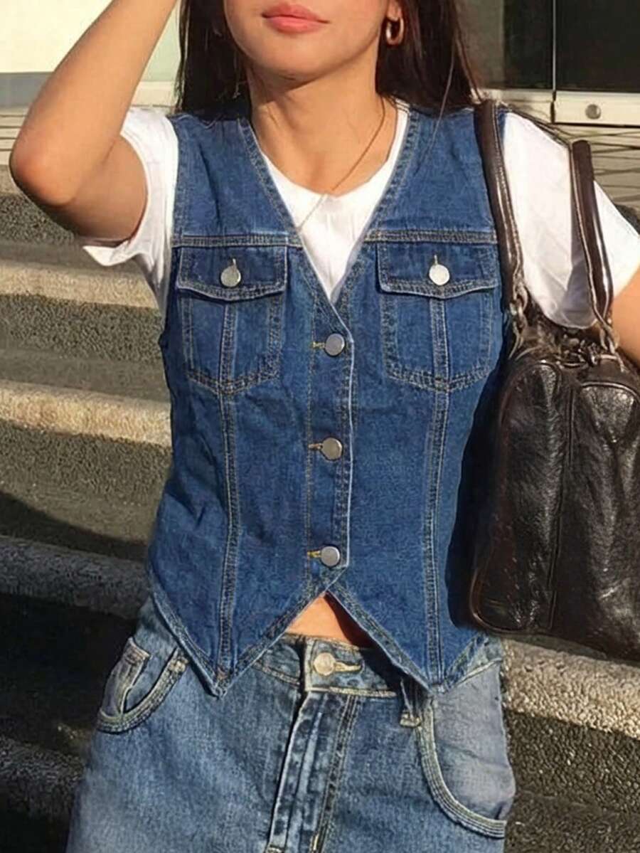 短款牛仔背心，复古修身棉质女式外套 - 深色水洗藍 - 查看 1