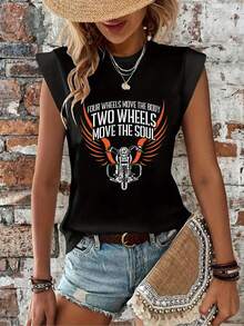 Women'S Motorcycle Graphic T-Shirt - "Four Wheels Move The Body, Two Wheels Move The Soul" Sleeveless Top - Black With Orange & White Text - Lightweight Summer Shirt For Motorcycle Enthusiasts - Machine Washable Casual Tee, Motorcycle Shirt, Spring Summer Apparel, Bold Statement Tee, Durable Fabric, Motorcycle Lovers - 黑色 - 查看 1