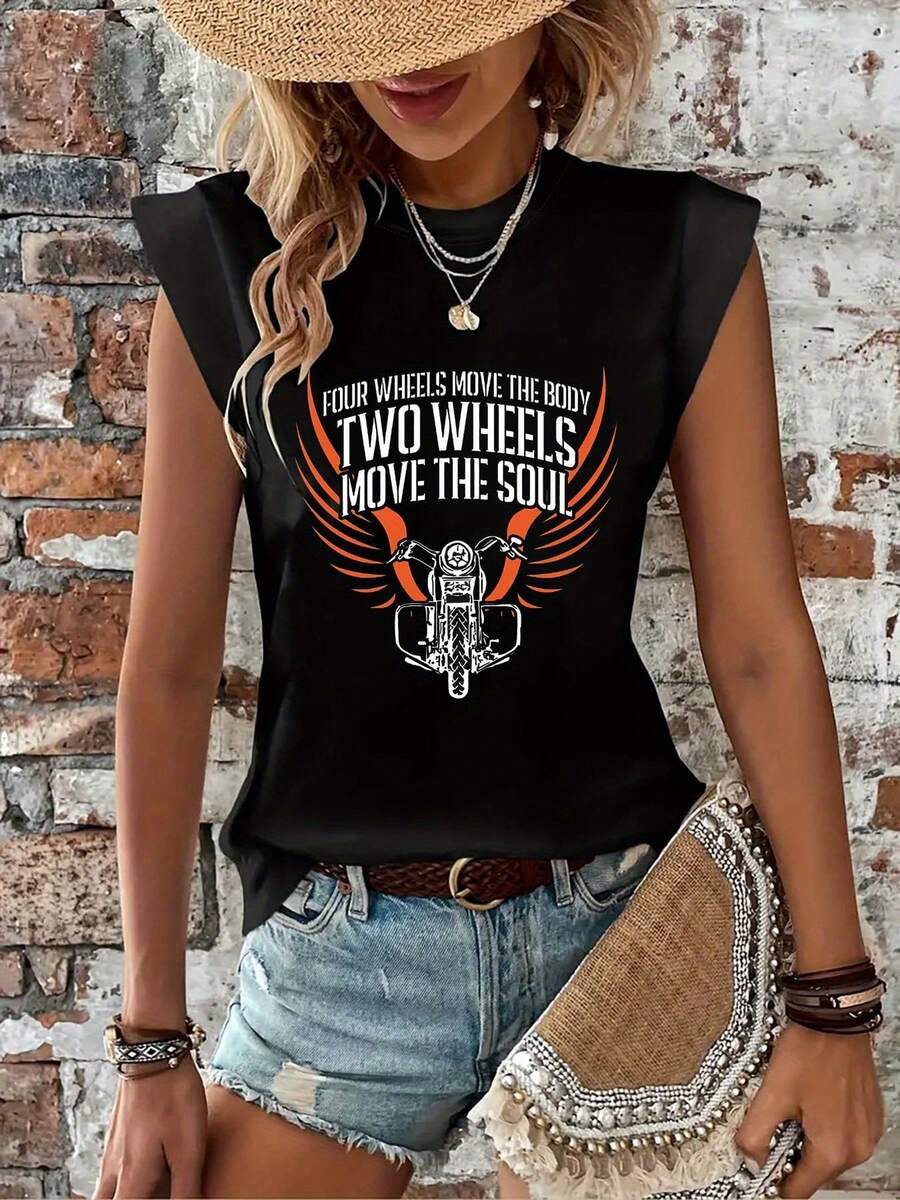 Women'S Motorcycle Graphic T-Shirt - "Four Wheels Move The Body, Two Wheels Move The Soul" Sleeveless Top - Black With Orange & White Text - Lightweight Summer Shirt For Motorcycle Enthusiasts - Machine Washable Casual Tee, Motorcycle Shirt, Spring Summer Apparel, Bold Statement Tee, Durable Fabric, Motorcycle Lovers - 黑色 - 查看 1