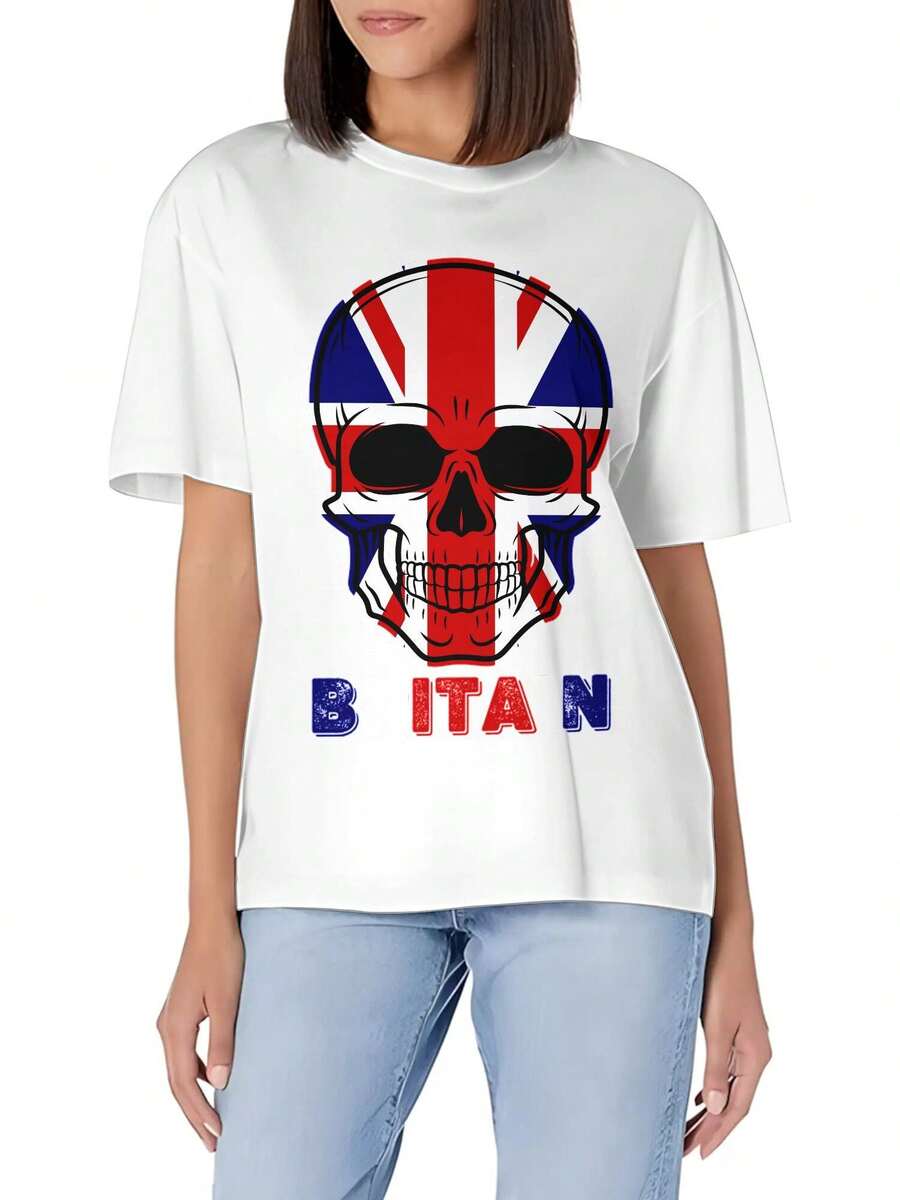 Skull Britain British Flag Women's Basic Crew Neck T-Shirt - Soft Cotton Slim Fit Versatile Daily Top - 白色 - 查看 1